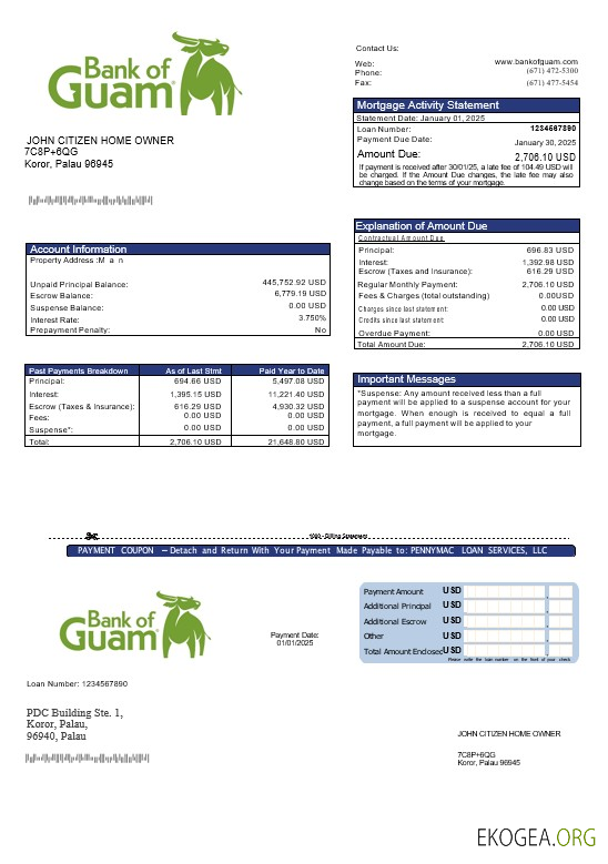 Palau , Guamanian , banque , hypothèque , relevé , en formats Word et PDF